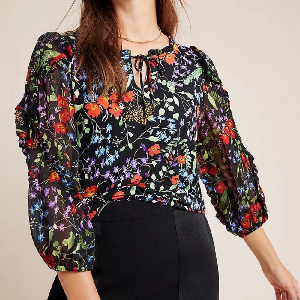 Maeve by Anthropologie Sheer Floral Blouse Puff Sleeve Tie Neck – XS